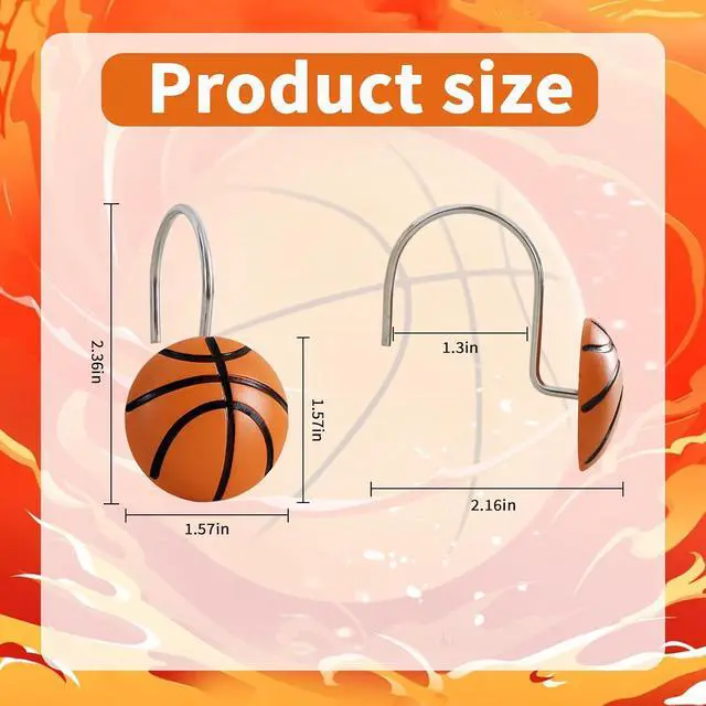 Alt view image 3 of 6 - 12-Piece Basketball Sports Shower Curtain Hooks for Bathroom | Decorative Shower Curtain Hooks, Stainless Steel Shower Hangers Rings