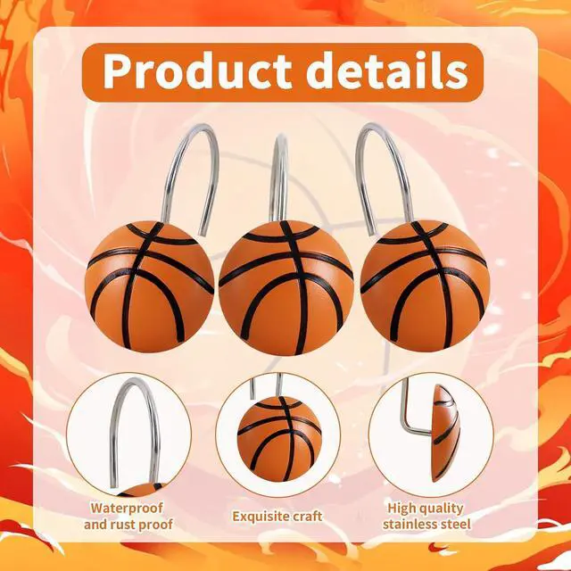 Alt view image 4 of 6 - 12-Piece Basketball Sports Shower Curtain Hooks for Bathroom | Decorative Shower Curtain Hooks, Stainless Steel Shower Hangers Rings