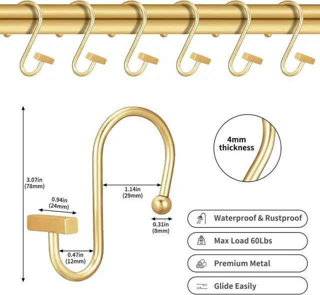 Alt view image 4 of 5 - Gracelife Shower Curtain Decorative Hook Modern Square T Bar Shape Shower Hooks Hangers Rust Proof Shower Curtain Rings for Bathroom (Gold)