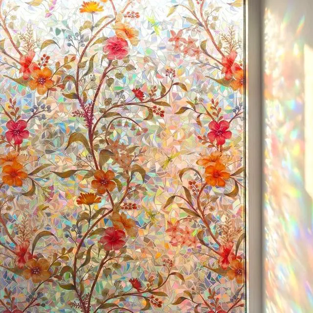 Main image of Stained Glass Flowers Window Film Privacy Static Cling Anti UV 17.5x78.7in | Cover Decal Tint Decor Kitchen Cabinet Sidelight Sun Blocking Light Filtering Glare Reduction Heat Control