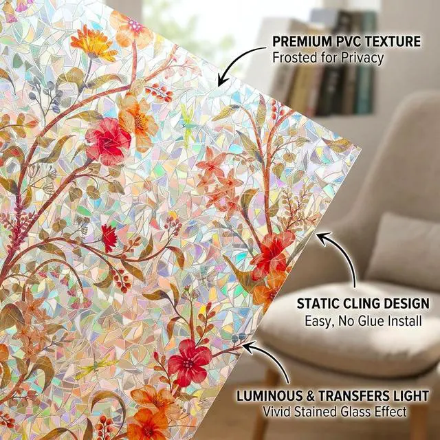Alt view image 3 of 7 - Stained Glass Flowers Window Film Privacy Static Cling Anti UV 17.5x78.7in | Cover Decal Tint Decor Kitchen Cabinet Sidelight Sun Blocking Light Filtering Glare Reduction Heat Control