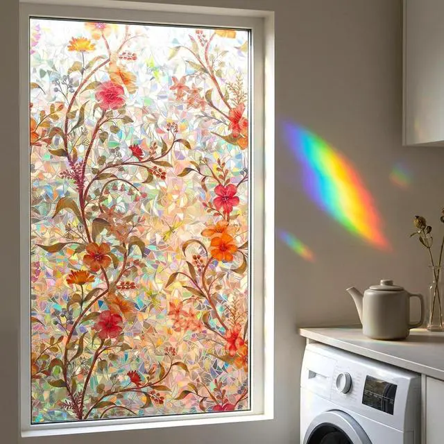 Alt view image 4 of 7 - Stained Glass Flowers Window Film Privacy Static Cling Anti UV 17.5x78.7in | Cover Decal Tint Decor Kitchen Cabinet Sidelight Sun Blocking Light Filtering Glare Reduction Heat Control