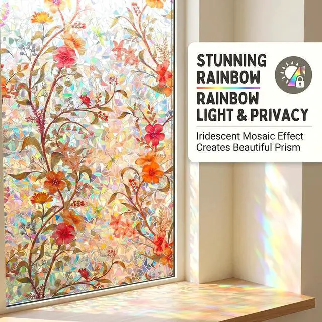 Alt view image 2 of 7 - Stained Glass Flowers Window Film Privacy Static Cling Anti UV 17.5x78.7in | Cover Decal Tint Decor Kitchen Cabinet Sidelight Sun Blocking Light Filtering Glare Reduction Heat Control