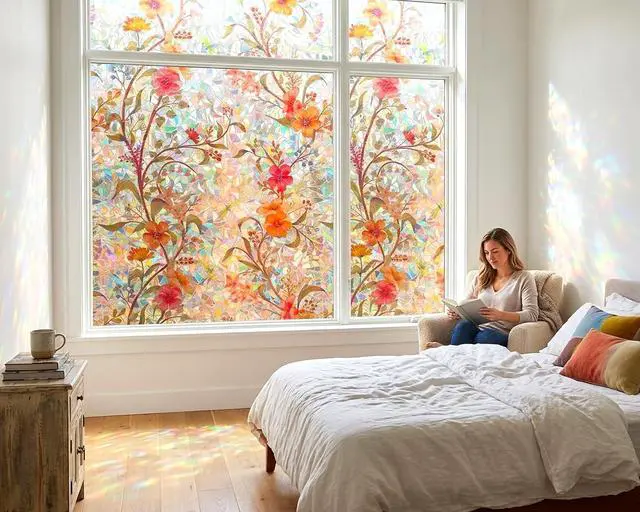 Alt view image 7 of 7 - Stained Glass Flowers Window Film Privacy Static Cling Anti UV 17.5x78.7in | Cover Decal Tint Decor Kitchen Cabinet Sidelight Sun Blocking Light Filtering Glare Reduction Heat Control