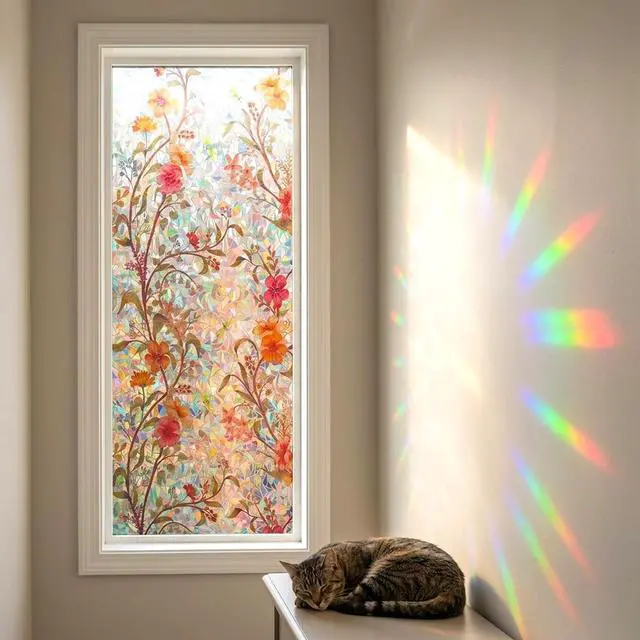 Alt view image 5 of 7 - Stained Glass Flowers Window Film Privacy Static Cling Anti UV 17.5x78.7in | Cover Decal Tint Decor Kitchen Cabinet Sidelight Sun Blocking Light Filtering Glare Reduction Heat Control