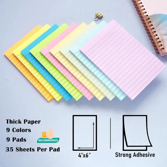 Alt view image 2 of 7 - HQCME 9 Pack Lined Sticky Notes with Lines 4X6 in, 9 Pastel Slef-Stick Pads | Large Ruled Sticky Note Pads Colorful Super Sticking Power Notepads, Easy to Post for Office, School, Home, 35 Sheets/Pad