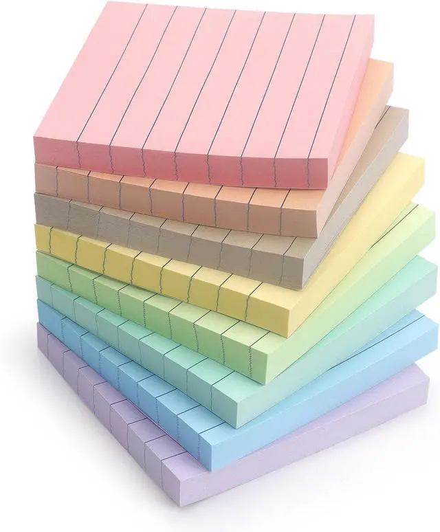 Main image of Eastern Wolf Lined Sticky Notes, 3x3 Inch, 8 Pack, Light Colors, 640 Sheets | Premium Self-Adhesive Notepads, for Office, School & Home Use, Easy to Use, Reusable & Removable