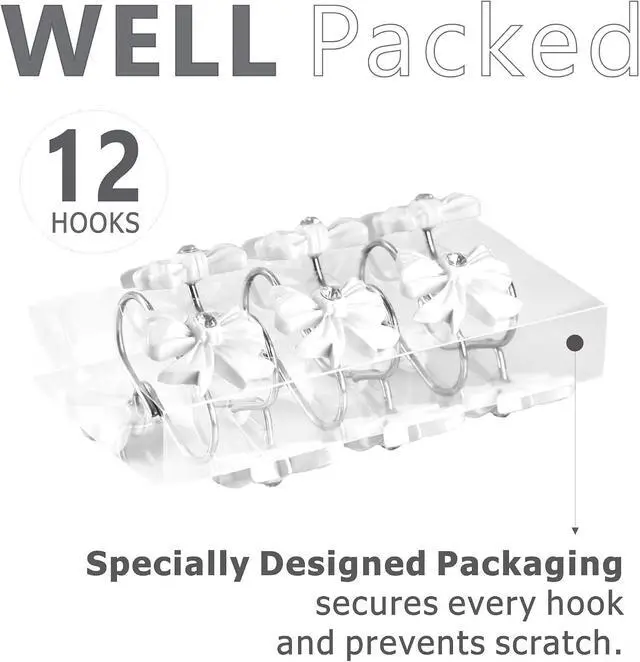 Alt view image 3 of 7 - White Bow Shower Curtain Hooks: Decorative Bathroom Curtain Rings, 12Pcs | Cute Rustproof Hangers for Valentine & Xmas Holiday Bathroom Decor, Chic Coquette Accessories & Housewarming Gift for Girls