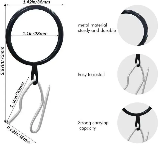 Alt view image 2 of 5 - LIMON HOME 20 Pcs Metal Curtain Drapery Rings & Hooks, 30 mm Internal Diameter, Balck & Silver