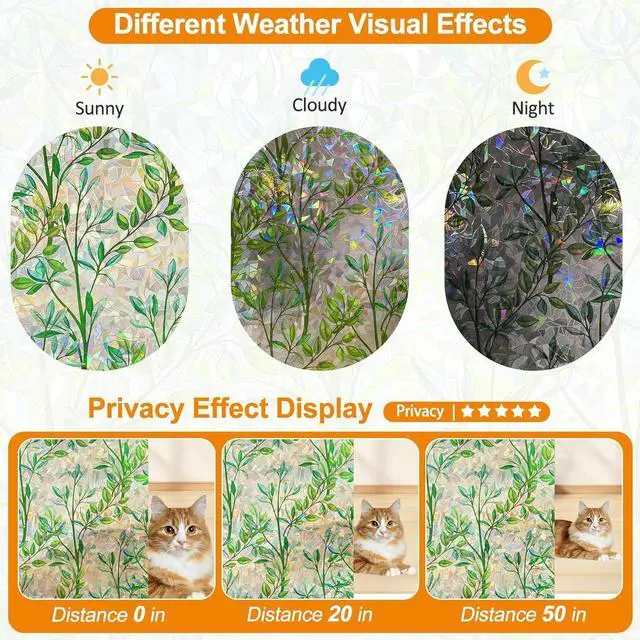 Alt view image 3 of 7 - Countewol Window Privacy Film Stain Glass Window Film Rainbow Window Film Window clings Non-Adhesive Reusable Decorative for Room (Leaf Rainbow, 17.5 x 78.7 in)