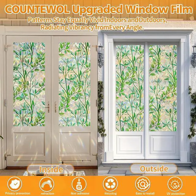 Alt view image 5 of 7 - Countewol Window Privacy Film Stain Glass Window Film Rainbow Window Film Window clings Non-Adhesive Reusable Decorative for Room (Leaf Rainbow, 17.5 x 78.7 in)