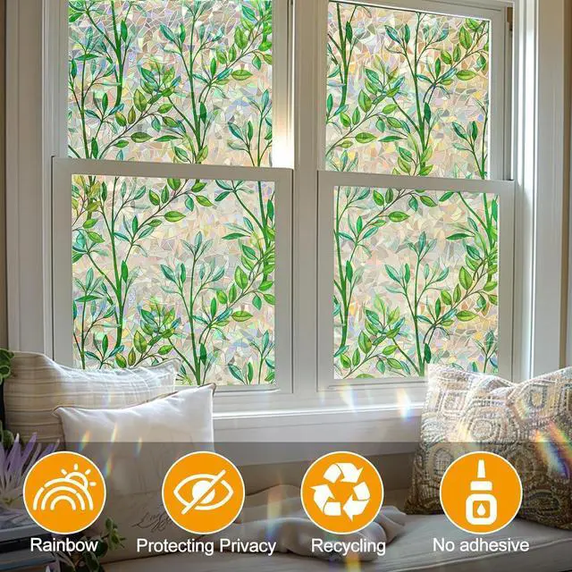 Alt view image 6 of 7 - Countewol Window Privacy Film Stain Glass Window Film Rainbow Window Film Window clings Non-Adhesive Reusable Decorative for Room (Leaf Rainbow, 17.5 x 78.7 in)