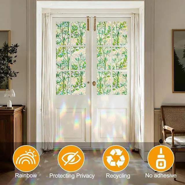 Alt view image 7 of 7 - Countewol Window Privacy Film Stain Glass Window Film Rainbow Window Film Window clings Non-Adhesive Reusable Decorative for Room (Leaf Rainbow, 17.5 x 78.7 in)