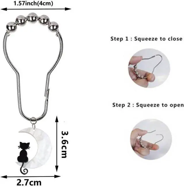 Alt view image 2 of 5 - Black Cat Moon Shower Curtain Hooks,12Pcs Halloween Witchy Bathroom Decor | RustProof Metal Cute Cat Theme Gothic Mystical Shower Rings