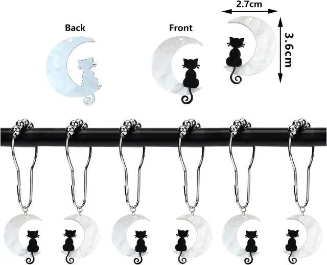 Alt view image 3 of 5 - Black Cat Moon Shower Curtain Hooks,12Pcs Halloween Witchy Bathroom Decor | RustProof Metal Cute Cat Theme Gothic Mystical Shower Rings
