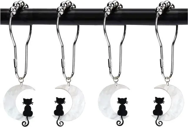 Main image of Black Cat Moon Shower Curtain Hooks,12Pcs Halloween Witchy Bathroom Decor | RustProof Metal Cute Cat Theme Gothic Mystical Shower Rings