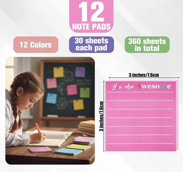 Alt view image 7 of 7 - 12 Pcs Inspirational Sticky Notes with Lines, Notepads Back to School | Gifts for Teachers,3x3in Motivational Sticky Notes Pad for Student Employee/Coworkers Appreciation