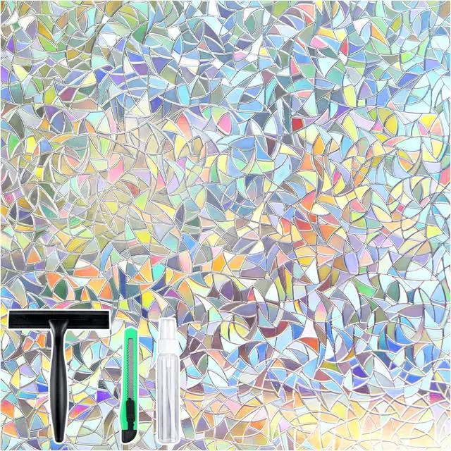 Main image of rabbitgoo Window Privacy Film Rainbow, Clear, 17.5" x 78.7" | 3D Prism Stained Glass Decorative Iridescent Sticker Static Cling Suncatcher UV Protection for Home Heat Control with Tools