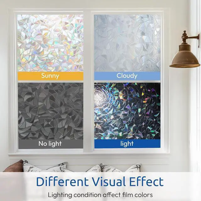 Alt view image 5 of 7 - rabbitgoo Window Privacy Film Rainbow, Clear, 17.5" x 78.7" | 3D Prism Stained Glass Decorative Iridescent Sticker Static Cling Suncatcher UV Protection for Home Heat Control with Tools