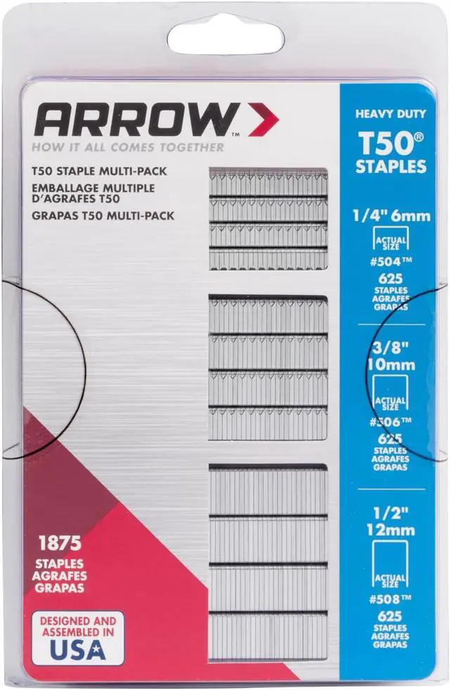 Alt view image 2 of 6 - Arrow 50MP T50 Staples Multipack, 1/4", 3/8" and 1/2" Sizes, 1875 Count | Heavy Duty, For Upholstery, Construction, Furniture, Crafts, Fit Arrow T50 Staple Guns, Hammer Tackers and Pneumatic Tools
