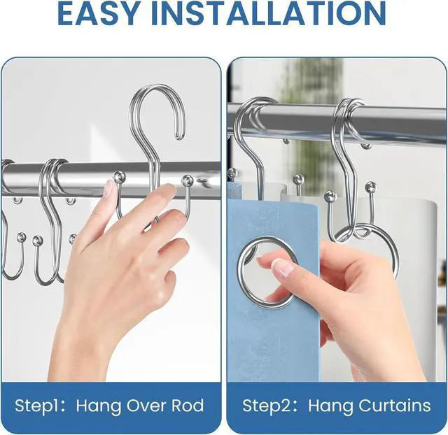 Alt view image 4 of 7 - Chrome Shower Curtain Hooks Double Sided,Rust Proof Double Shower Curtain Rings for Bathroom Shower Rods, Anti-Drop Double Shower Rings for Curtain, Shower Hangers Hooks Set of 12