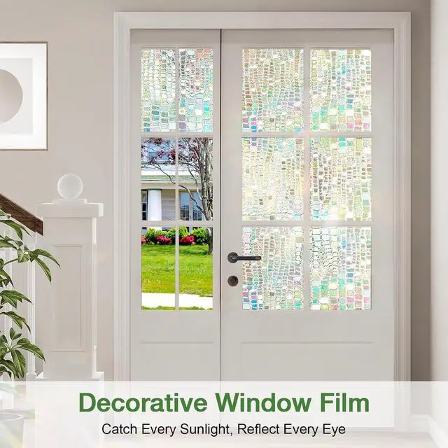 Alt view image 2 of 7 - Stained Glass Window Privacy Film,17.5" x 78.7", Rainbow | 3D Unique Decorative, UV Heat Blocking Static Cling, Non Adhesive Removable Coverings for Home, Door & Bathroom