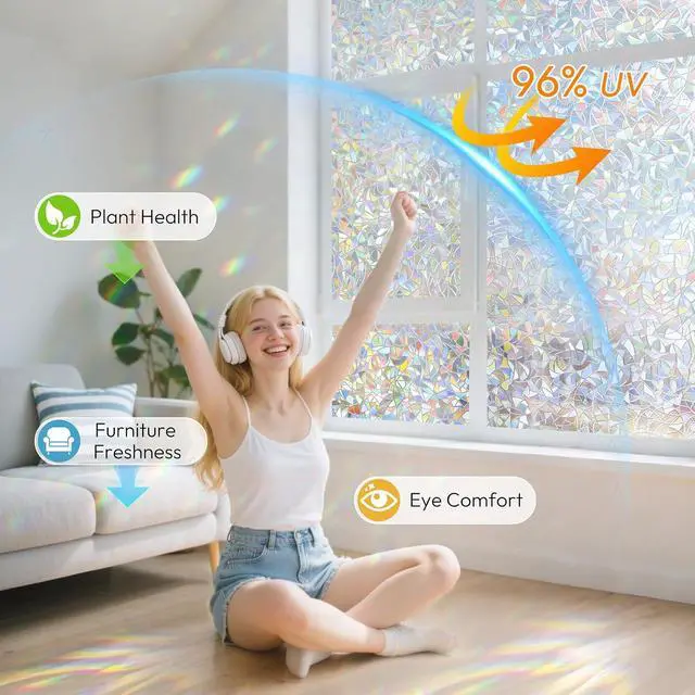 Alt view image 6 of 7 - rabbitgoo Window Privacy Film Rainbow, Clear, 17.5" x 78.7" | 3D Prism Stained Glass Decorative Iridescent Sticker Static Cling Suncatcher UV Protection for Home Heat Control with Tools