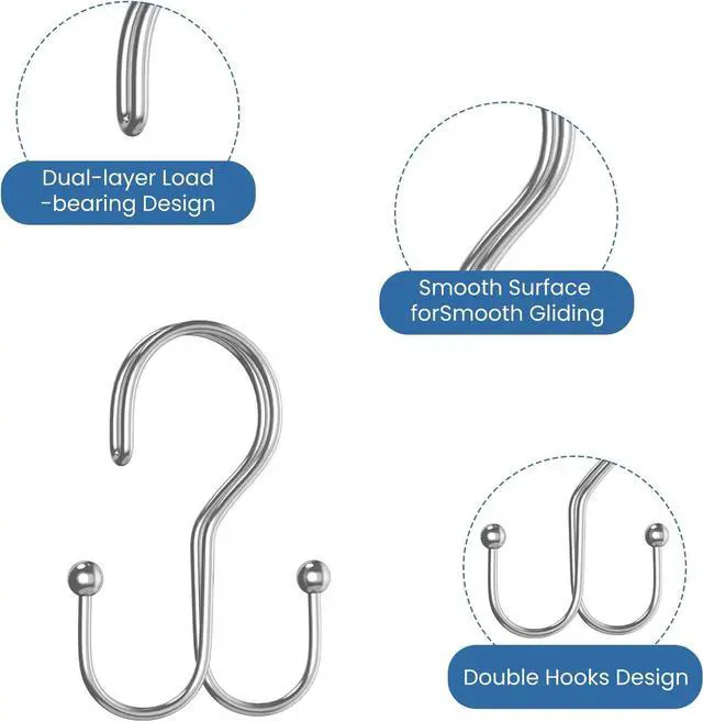 Alt view image 2 of 7 - Chrome Shower Curtain Hooks Double Sided,Rust Proof Double Shower Curtain Rings for Bathroom Shower Rods, Anti-Drop Double Shower Rings for Curtain, Shower Hangers Hooks Set of 12