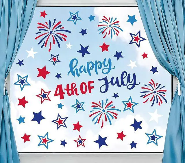 Main image of Whaline 9 Sheets 4th of July Window Clings USA Stars Fireworks Window Decals Patriotic Double-Sided Glass Sticker for 250th Anniversary Independence Day Veterans Day Home Office Party Supplies