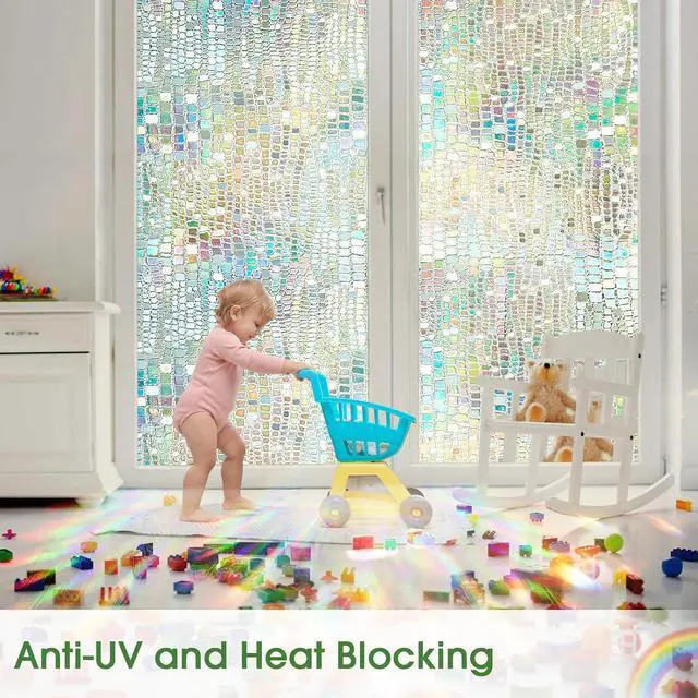 Alt view image 5 of 7 - Stained Glass Window Privacy Film,17.5" x 78.7", Rainbow | 3D Unique Decorative, UV Heat Blocking Static Cling, Non Adhesive Removable Coverings for Home, Door & Bathroom