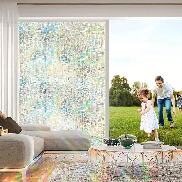 Alt view image 6 of 7 - Stained Glass Window Privacy Film,17.5" x 78.7", Rainbow | 3D Unique Decorative, UV Heat Blocking Static Cling, Non Adhesive Removable Coverings for Home, Door & Bathroom