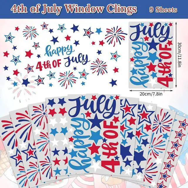 Alt view image 5 of 7 - Whaline 9 Sheets 4th of July Window Clings USA Stars Fireworks Window Decals Patriotic Double-Sided Glass Sticker for 250th Anniversary Independence Day Veterans Day Home Office Party Supplies