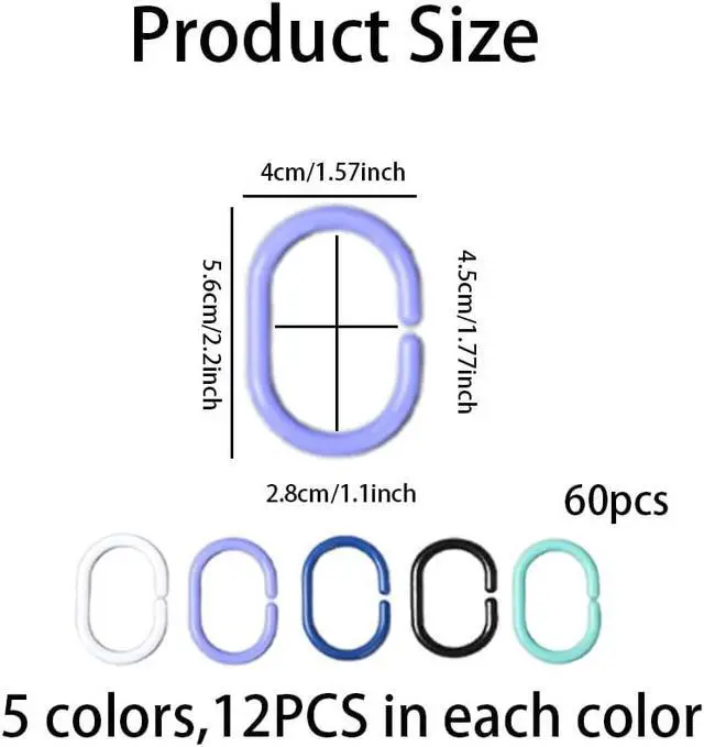 Alt view image 2 of 5 - 60 Pack Plastic C-Shape Shower Curtain Hooks for Bathroom, Shower, Window Rods and Curtains Hangers(5 Colors)