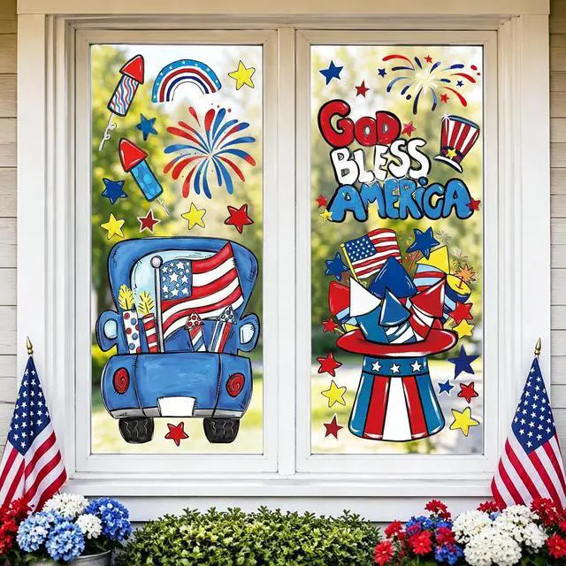 Main image of Whaline Large Patriotic Window Clings 4th of July Truck Hat Fireworks Stars Glass Decal Stickers for 250th Anniversary Memorial Day Holiday Home Office Classroom Party Wall Decor