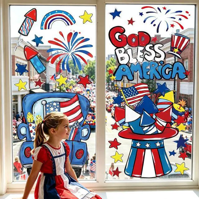 Alt view image 4 of 7 - Whaline Large Patriotic Window Clings 4th of July Truck Hat Fireworks Stars Glass Decal Stickers for 250th Anniversary Memorial Day Holiday Home Office Classroom Party Wall Decor