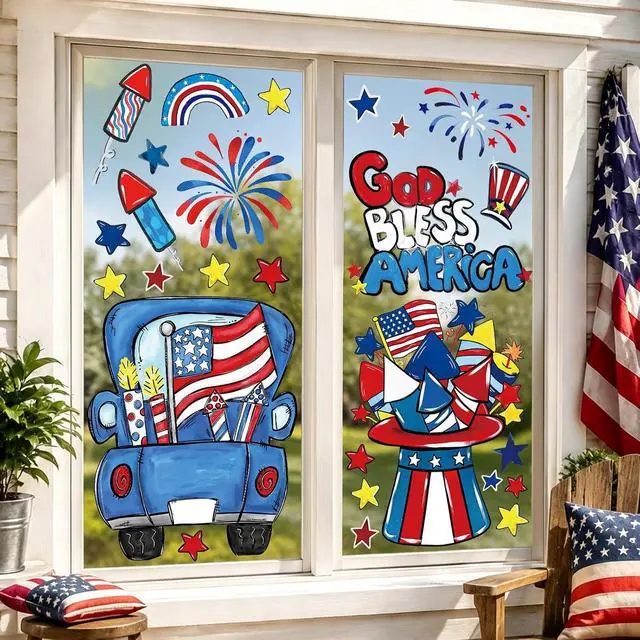 Alt view image 5 of 7 - Whaline Large Patriotic Window Clings 4th of July Truck Hat Fireworks Stars Glass Decal Stickers for 250th Anniversary Memorial Day Holiday Home Office Classroom Party Wall Decor