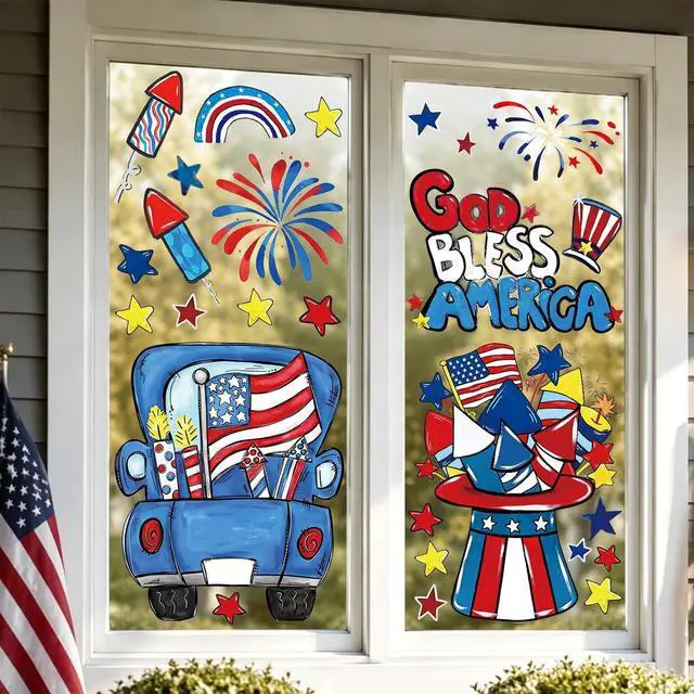 Alt view image 6 of 7 - Whaline Large Patriotic Window Clings 4th of July Truck Hat Fireworks Stars Glass Decal Stickers for 250th Anniversary Memorial Day Holiday Home Office Classroom Party Wall Decor