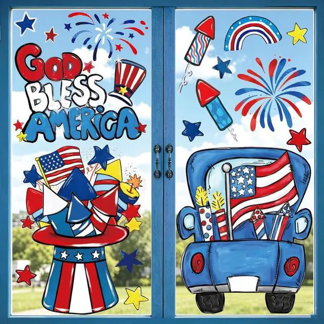 Alt view image 2 of 7 - Whaline Large Patriotic Window Clings 4th of July Truck Hat Fireworks Stars Glass Decal Stickers for 250th Anniversary Memorial Day Holiday Home Office Classroom Party Wall Decor