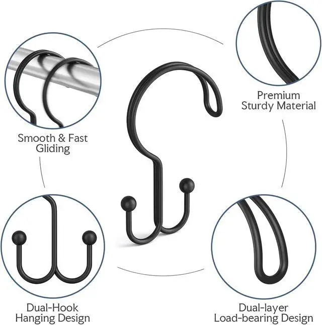 Alt view image 2 of 7 - Bathway Black Shower Curtain Hooks Ring, 12 Pcs Double Sided Shower Hooks, Rust Proof Metal Shower Hooks for Bathroom, Anti-Drop Shower Rings for Shower Curtain & Liners
