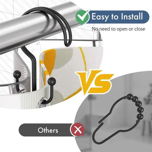 Alt view image 4 of 7 - Bathway Black Shower Curtain Hooks Ring, 12 Pcs Double Sided Shower Hooks, Rust Proof Metal Shower Hooks for Bathroom, Anti-Drop Shower Rings for Shower Curtain & Liners