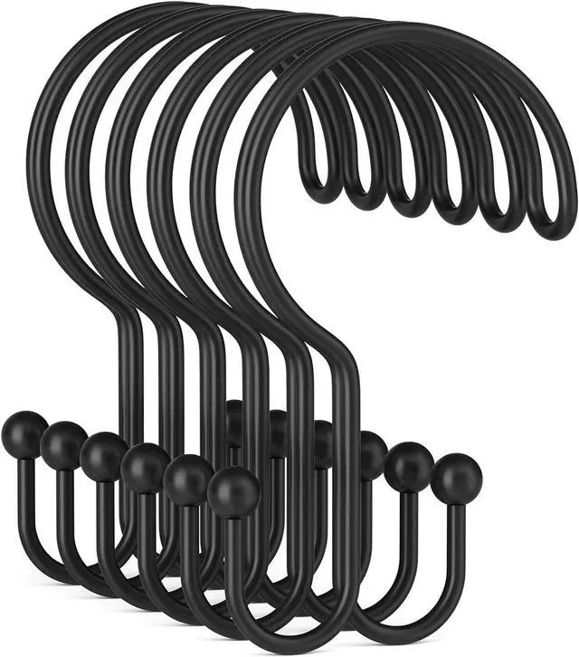 Main image of Bathway Black Shower Curtain Hooks Ring, 12 Pcs Double Sided Shower Hooks, Rust Proof Metal Shower Hooks for Bathroom, Anti-Drop Shower Rings for Shower Curtain & Liners