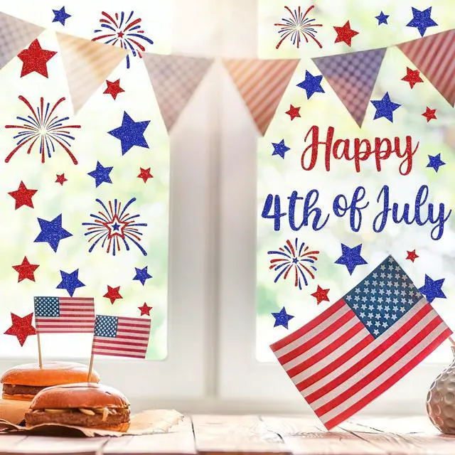 Alt view image 2 of 7 - Whaline 6 Sheets Patriotic Window Clings Glitter Happy 4th of July Reusable Window Decals Red Blue Star Firework Glass Sticker for 250th Anniversary Independence Day Memorial Day Home Party Decor