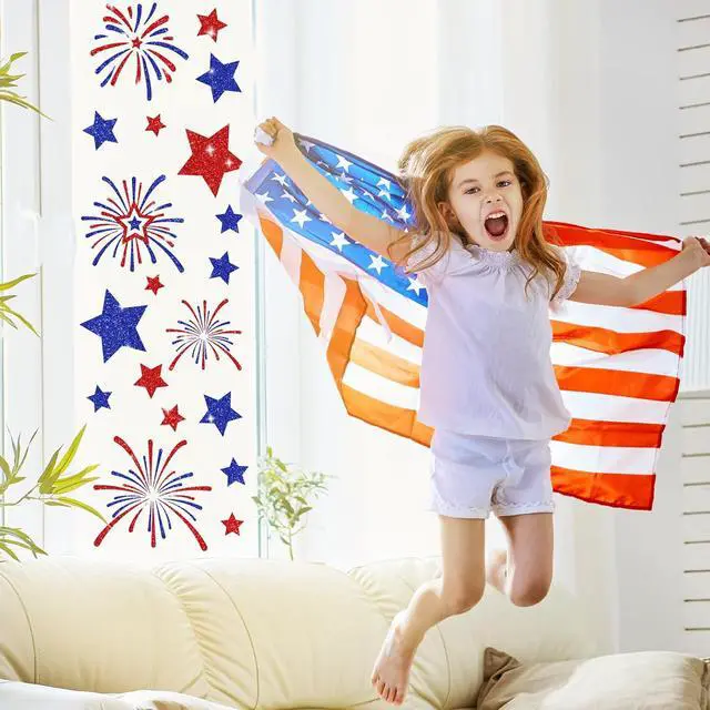 Alt view image 3 of 7 - Whaline 6 Sheets Patriotic Window Clings Glitter Happy 4th of July Reusable Window Decals Red Blue Star Firework Glass Sticker for 250th Anniversary Independence Day Memorial Day Home Party Decor