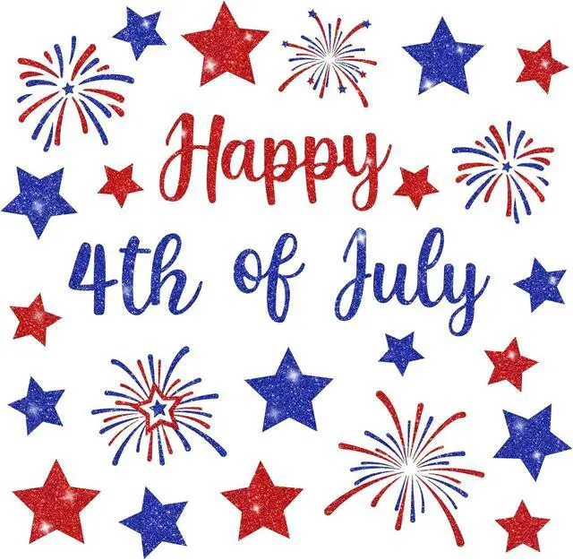 Main image of Whaline 6 Sheets Patriotic Window Clings Glitter Happy 4th of July Reusable Window Decals Red Blue Star Firework Glass Sticker for 250th Anniversary Independence Day Memorial Day Home Party Decor