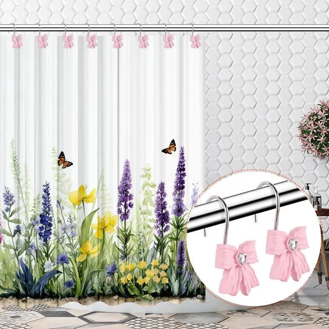 Alt view image 6 of 6 - 12PCS Shower Curtain Hooks Rings,Pink Bow Decorative Shower Curtain Hooks | Modern Home Decorativ Rust Resistant Hangers Shower Hooks for Bathroom Shower Rod, Bedroom, Living Room