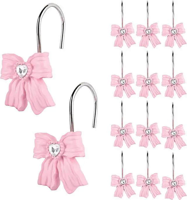 Main image of 12PCS Shower Curtain Hooks Rings,Pink Bow Decorative Shower Curtain Hooks | Modern Home Decorativ Rust Resistant Hangers Shower Hooks for Bathroom Shower Rod, Bedroom, Living Room