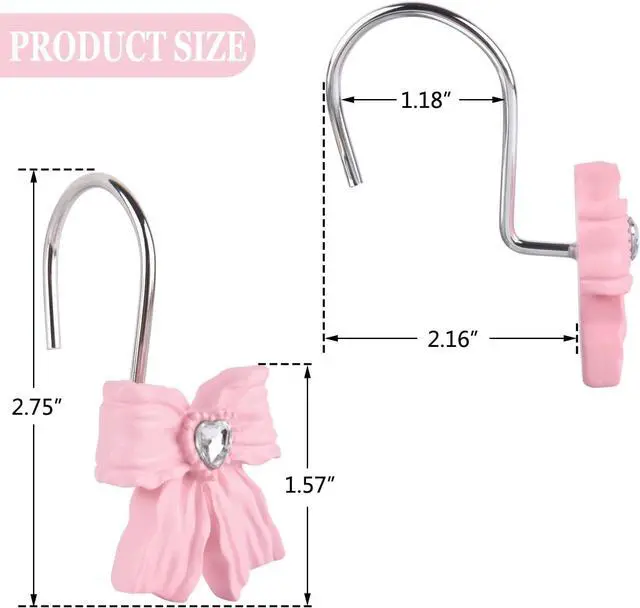 Alt view image 5 of 6 - 12PCS Shower Curtain Hooks Rings,Pink Bow Decorative Shower Curtain Hooks | Modern Home Decorativ Rust Resistant Hangers Shower Hooks for Bathroom Shower Rod, Bedroom, Living Room