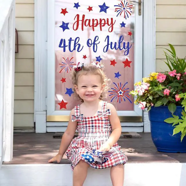 Alt view image 4 of 7 - Whaline 6 Sheets Patriotic Window Clings Glitter Happy 4th of July Reusable Window Decals Red Blue Star Firework Glass Sticker for 250th Anniversary Independence Day Memorial Day Home Party Decor