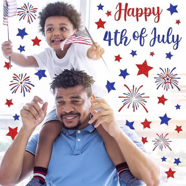 Alt view image 6 of 7 - Whaline 6 Sheets Patriotic Window Clings Glitter Happy 4th of July Reusable Window Decals Red Blue Star Firework Glass Sticker for 250th Anniversary Independence Day Memorial Day Home Party Decor
