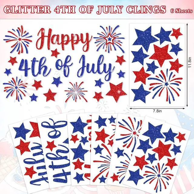 Alt view image 5 of 7 - Whaline 6 Sheets Patriotic Window Clings Glitter Happy 4th of July Reusable Window Decals Red Blue Star Firework Glass Sticker for 250th Anniversary Independence Day Memorial Day Home Party Decor